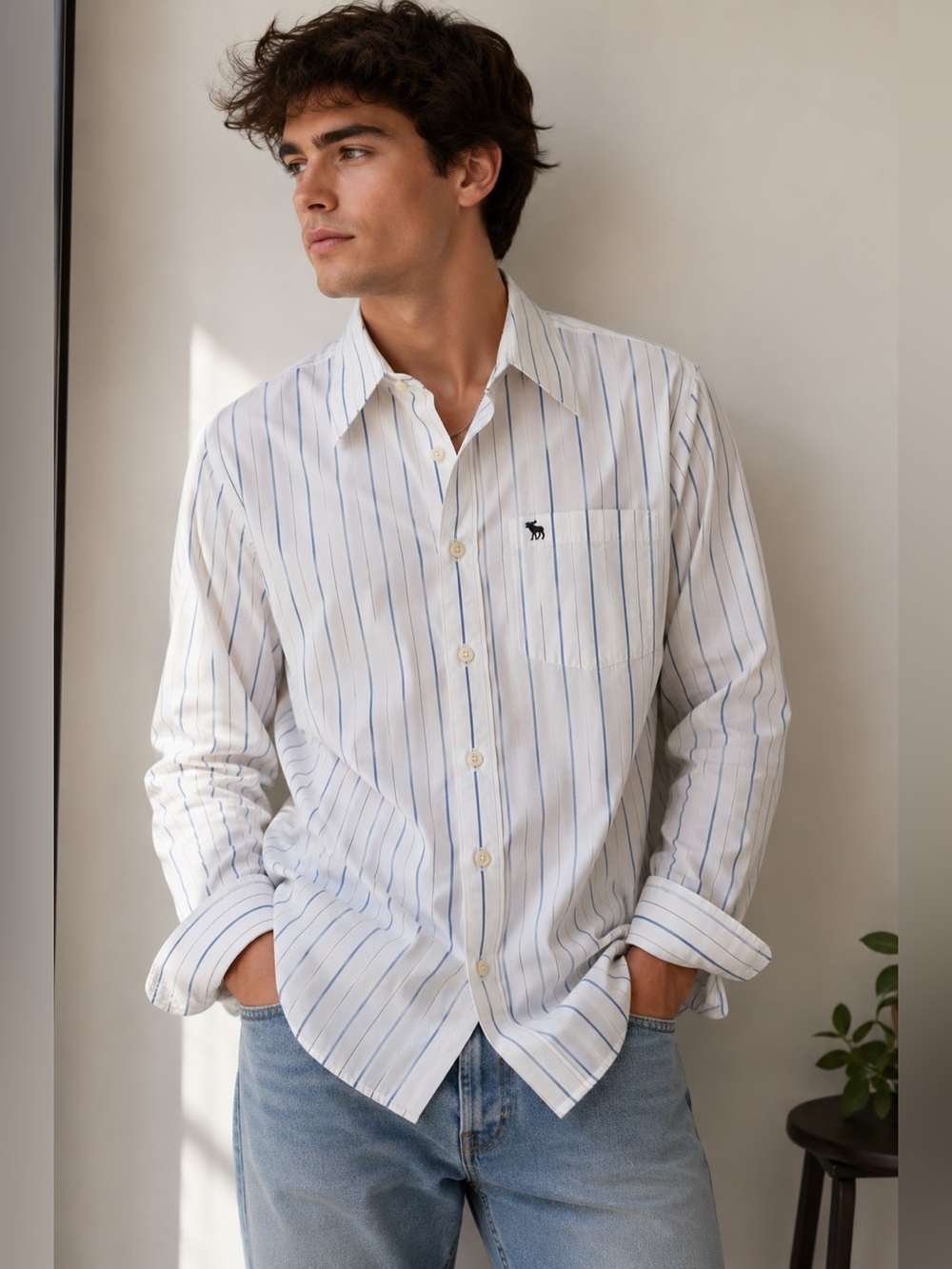 Abercrombie & Fitch Muscle Fit White Blue Striped Button Down Shirt XXL